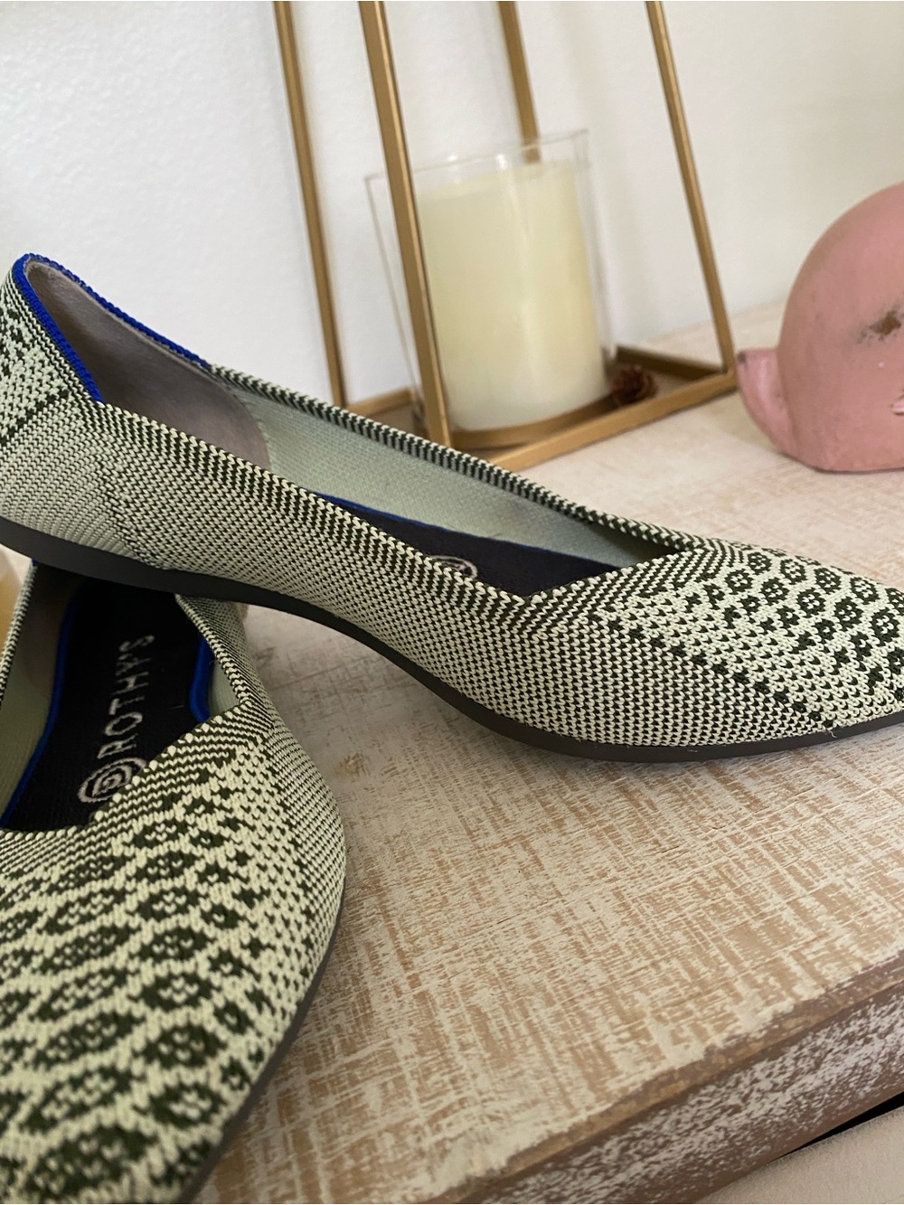 New!! Rothy's Green and Cream Pointed Knit Flats 6.5
